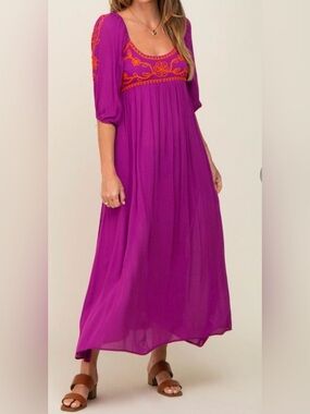 Embroidered Maxi Dress Flowy 3/4 Sleeve Soft Smocked Pockets Lalavon Dress